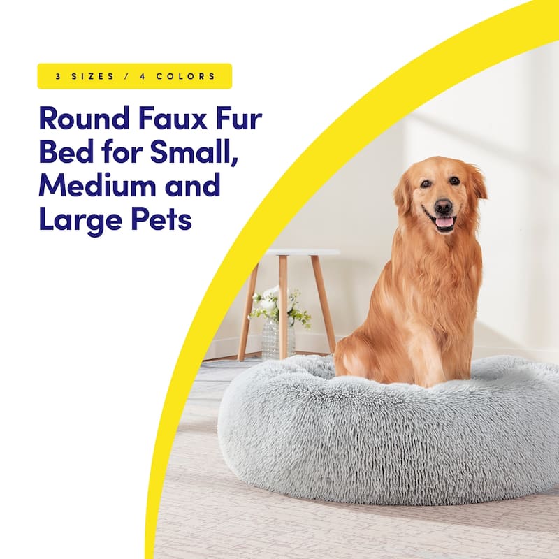 Round Calming Soft Warm Shaggy Plush Faux Fur Donut Pet Dog Cat Sleeping Bed - Silver - 30"