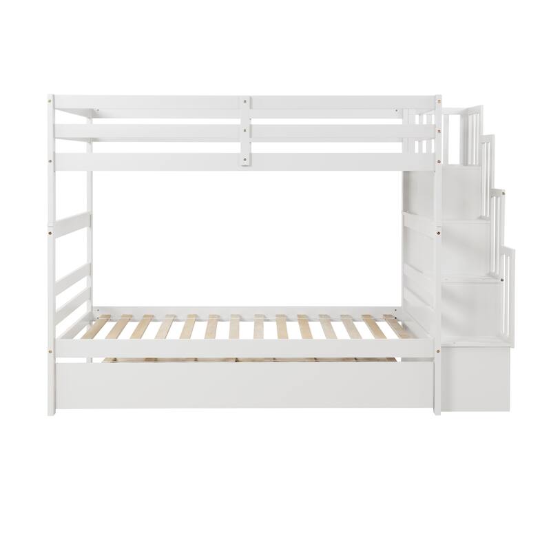 Kids Twin Over Twin Bunk Beds with Twin Trundle, Storage Stairway and Full-Length Guardrails