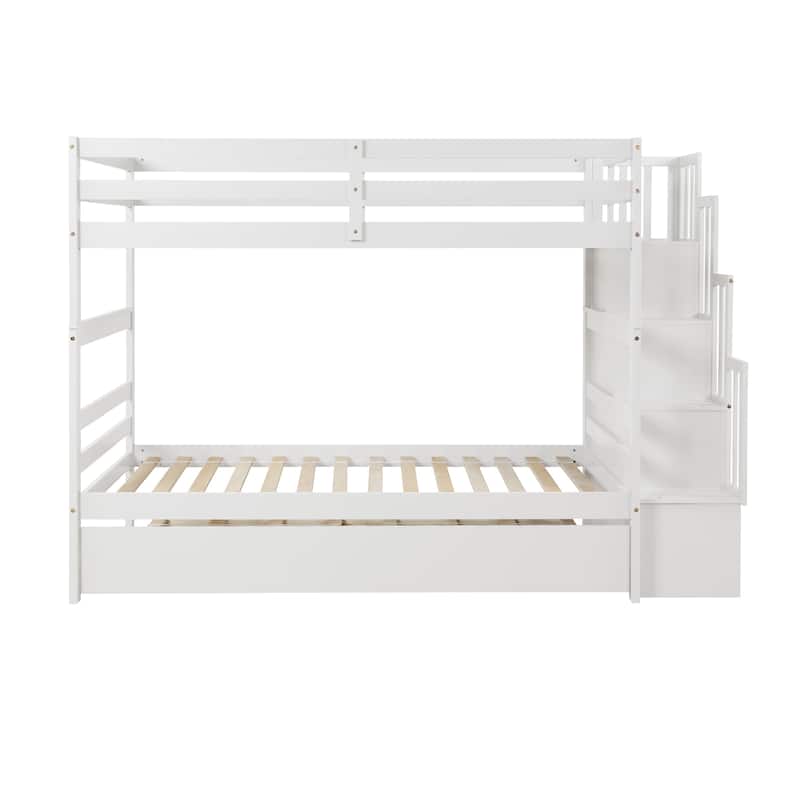 Twin over Twin Bunk beds With Twin Trundle and Stairway Storage Function in White color