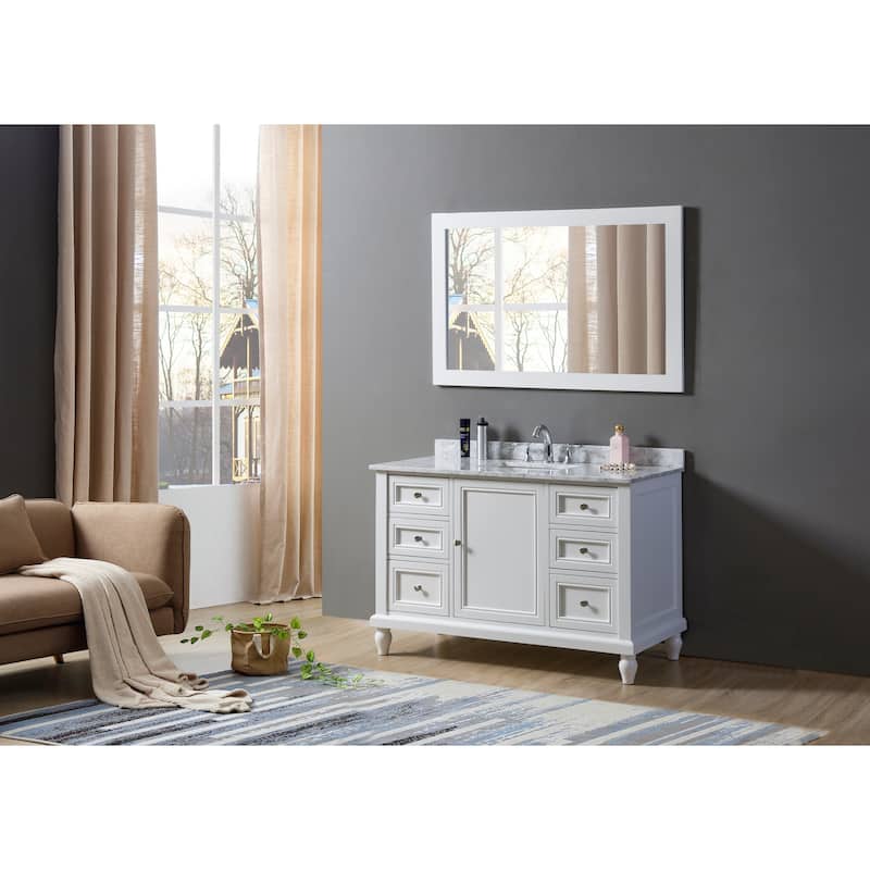 Classic 48 in. Vanity in White with White Carrara Marble Top and 1 large mirror