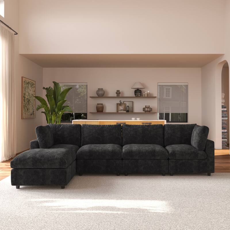 L-shaped Cloud Modular Sectional Sofa Couches with Ottoman for Living Room Down Filled Comfort Minimalist Sectional Couch - Black-4 seats+ottoman