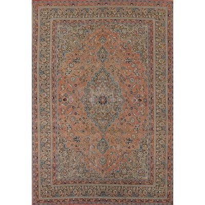Distressed Mashad Vintage Persian Rug Hand-Knotted Coral Wool Carpet - 9'5" x 12'5"