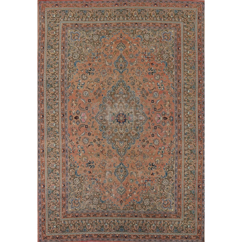 Distressed Mashad Vintage Persian Rug Hand-Knotted Coral Wool Carpet - 9'5" x 12'5"