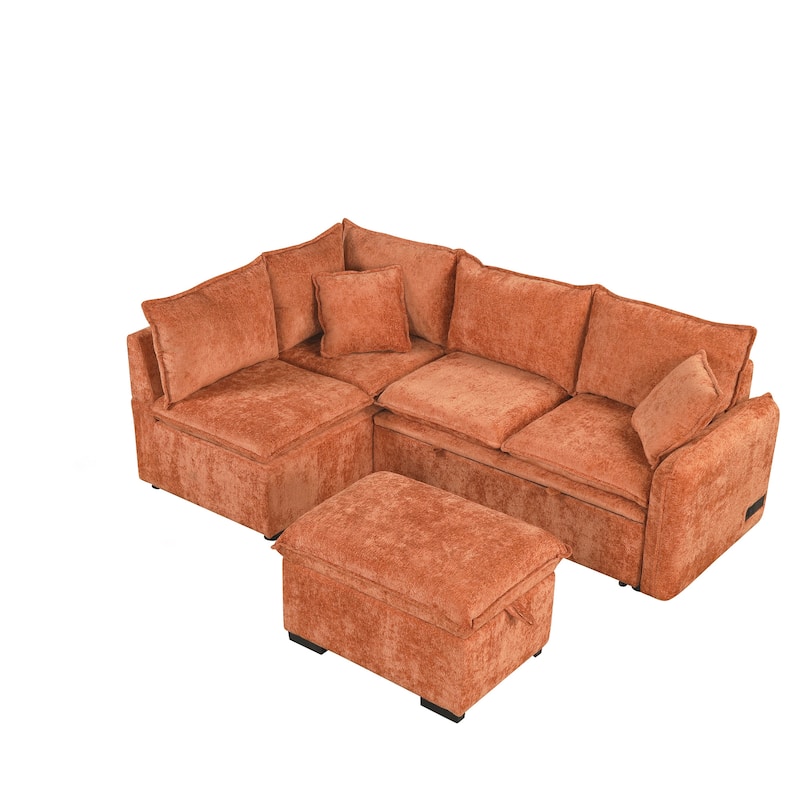 Orange 82.67" L-Shaped 5-Seat Sectional Sofa with Pull-Out Bed, Storage Ottoman, 2 USB Ports, Power Sockets, and 2 Cushions