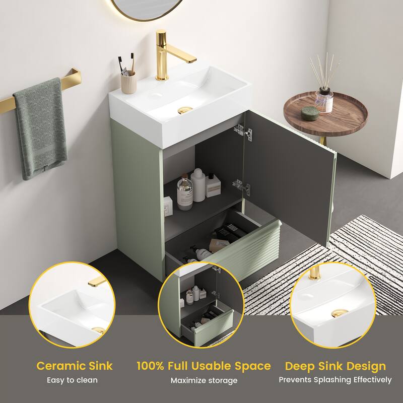 20" Striped Freestanding Bathroom Vanity with Ceramic Sink, Modern Bathroom Storage Cabinet