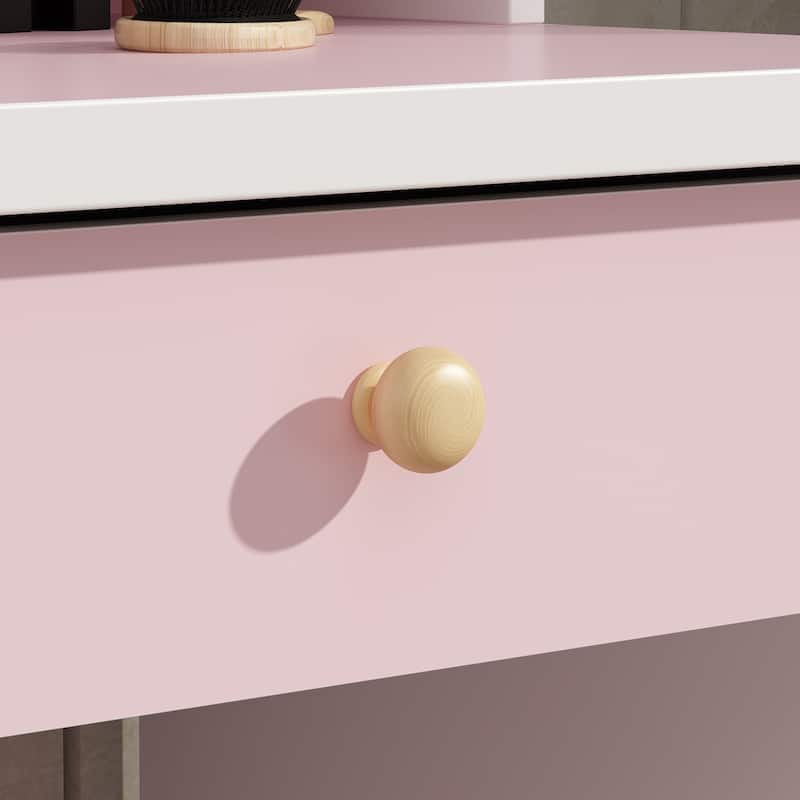 Makeup Vanity Set Dresser w/Mirror Stool 5 Drawers - White/Pink/Black - 31.5"L x 15.7"W x 52"H