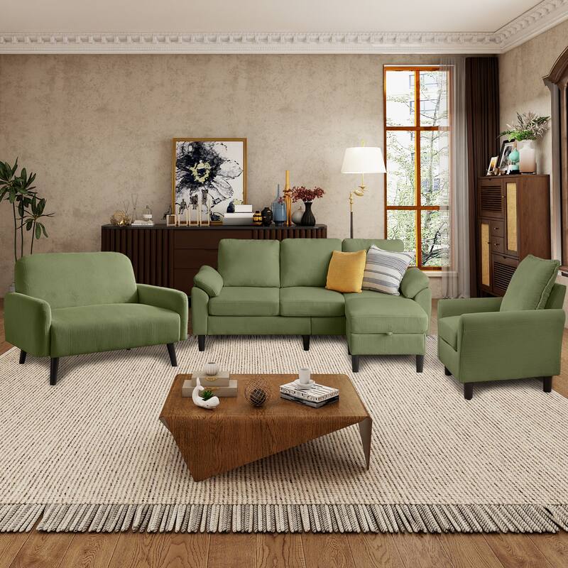 4 Pieces Corduroy Living Room Sets with Sofa, Ottoman and Loveseat - Green