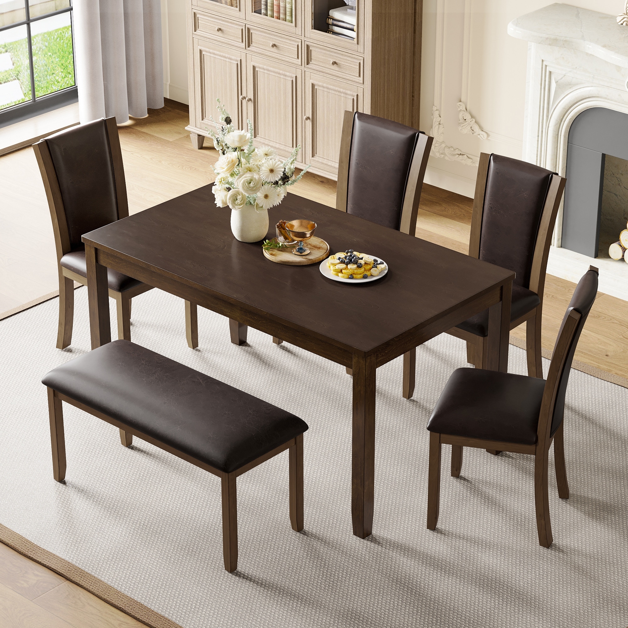 6 Piece Dining Table Set, Wooden Kitchen Table Chair Set with Rectangular Table, Bench and 4 Upholstered Chairs
