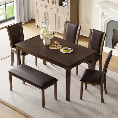 6-Piece Dining Table Set with Bench and Chairs, Wooden dining table set for 6 people, Farmhouse Rustic Style Dining Table Set