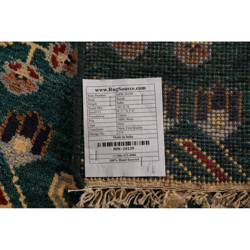 All-Over Green Kazak Indian Runner Rug Handmade Wool Carpet - 2'6"x 9'11"