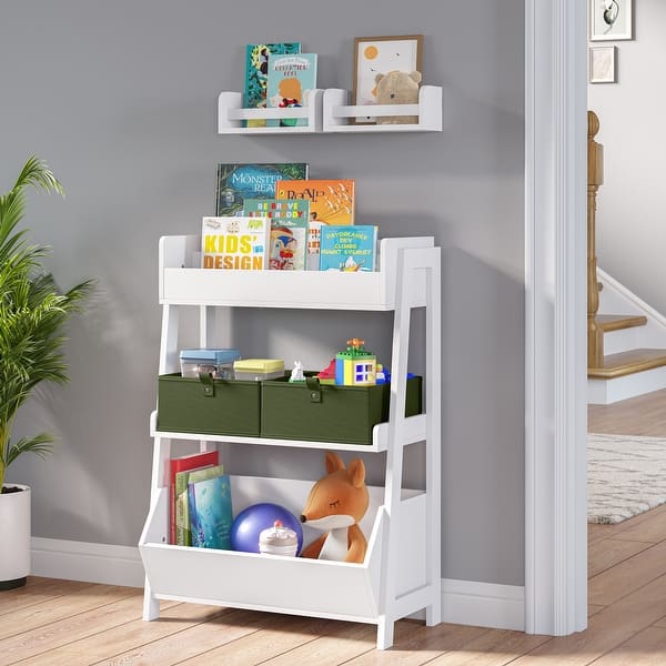 slide 2 of 10, RiverRidge Home Kids 3-Tier Ladder Shelf with Bookrack, Toy Organizer and 2 Bonus 10" Floating Bookshelves - White