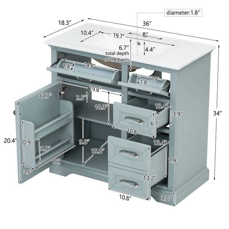 36" Ready-to-Use Bathroom Vanity – Ceramic Undermount Sink with Tip-Out Drawers & Soft-Close Mechanism‌ - 36"