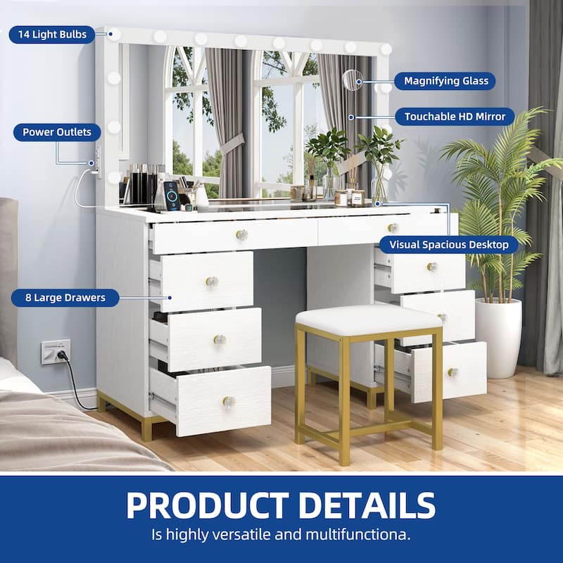 Moasis 8 Drawers Makeup Vanity Desk with Hollywood Lighted Mirror & Charging Station