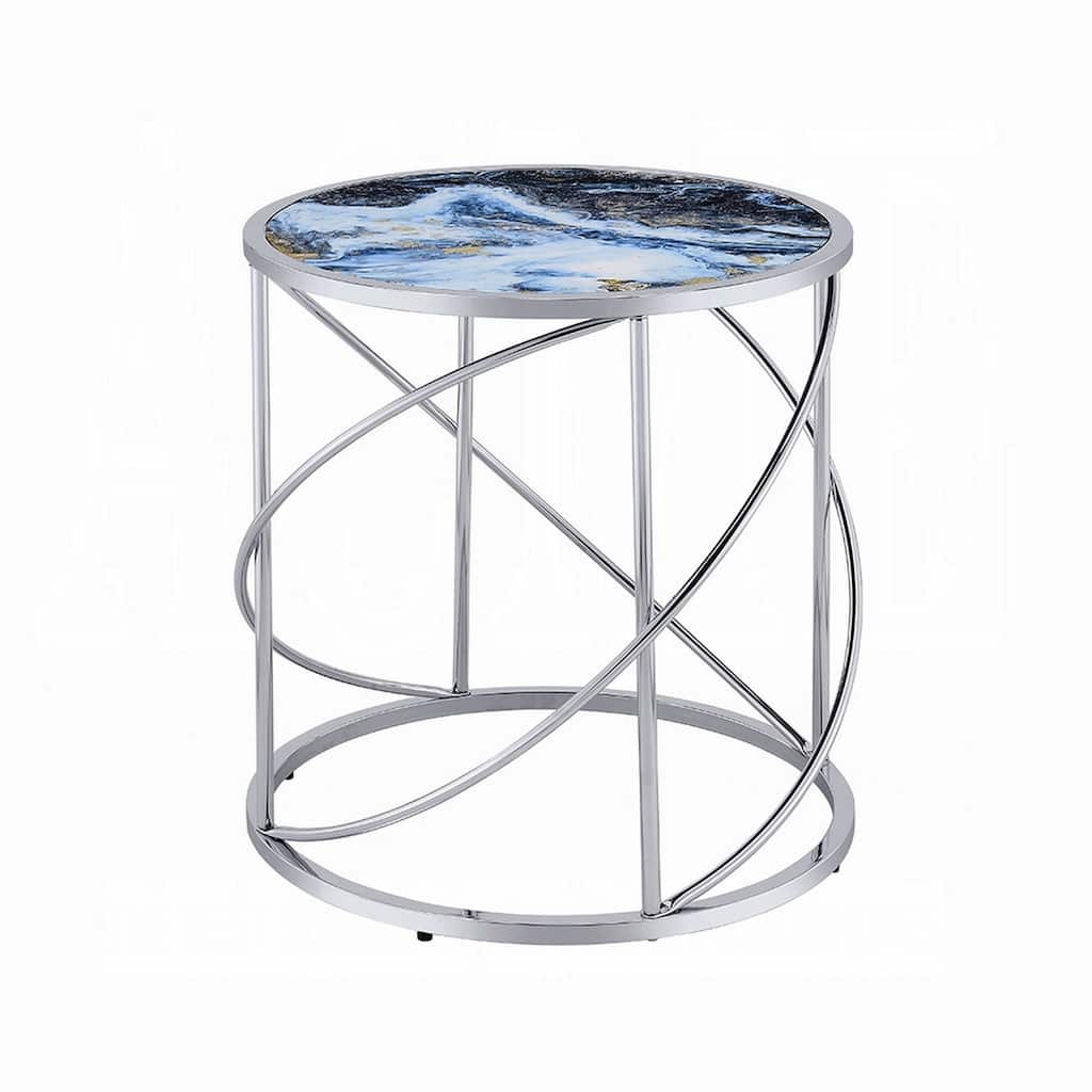 Shira Round Side End Table, 22 Inch, Open Chrome Base Blue Faux Marble