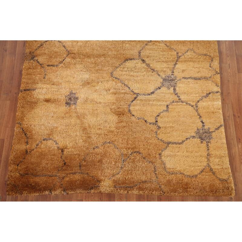 Floral Gold Oriental Area Rug Handknotted Moroccan Jute Carpet 5'8