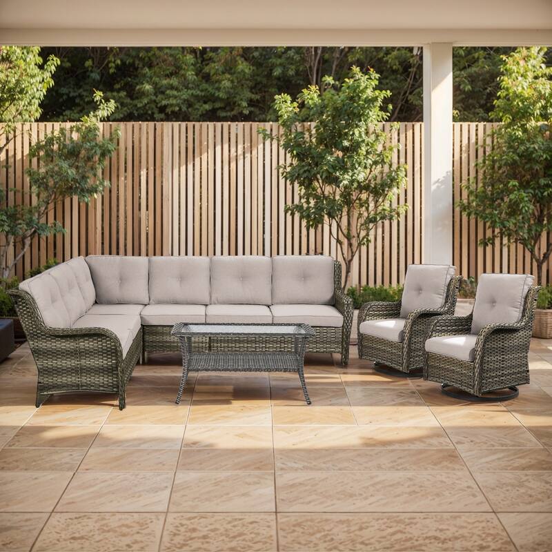Outdoor Conversation Sets 2 Sectional Sofa Furniture - Sectional Sofa with Table and Swivel Chair - Grey Rattan - Beige Cushion