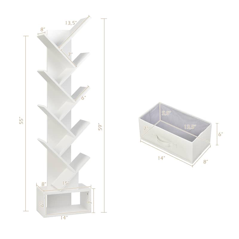 59" Tall Tree Design Bookshelf with 10 Open Shelves and Fabric Drawer for Small Spaces - 15'' x 8.5'' x 59'' (L x W x H)