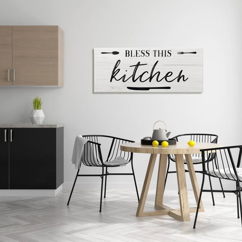 Stupell Bless This Kitchen Phrase Minimal Typography Fork Knife Canvas Wall Art - White