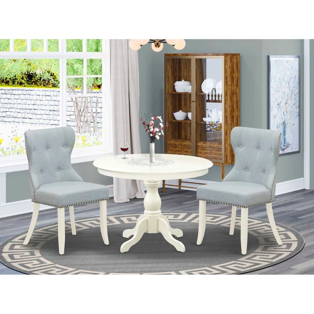 3-Piece Linen White Finish Solid Wood Top - Button Tufted Dining Room Set - Seats 4
