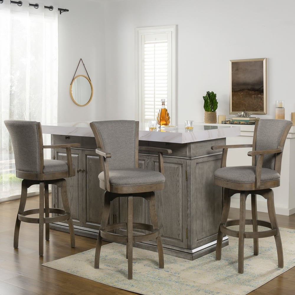 Williams Swivel Upholstered Bar Stool - Counter or Bar Height - 27 or 31 Inch - Solid Oak Wood Frame - Minimal Assembly