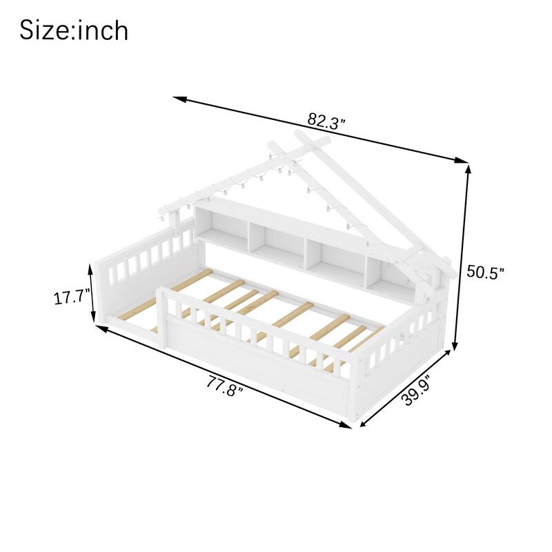 House-shaped Daybed Kids Wood House Bed Montessori Toddler Floor Bed with Roof Shape Storage Bookshelves and Light