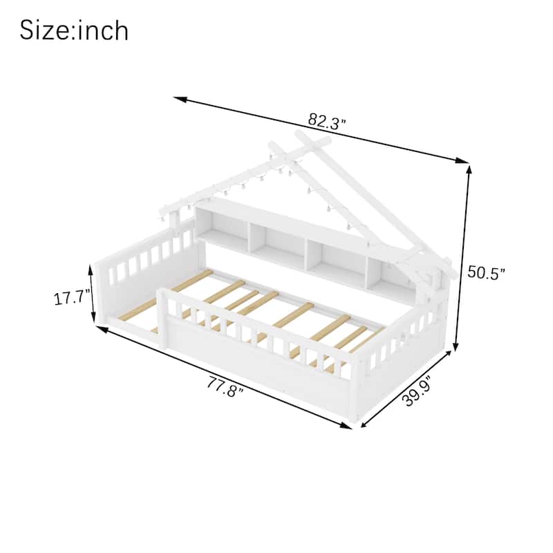 Twin/Full Floor Bed with Storage Bookshelves & Roof Shape for Kids