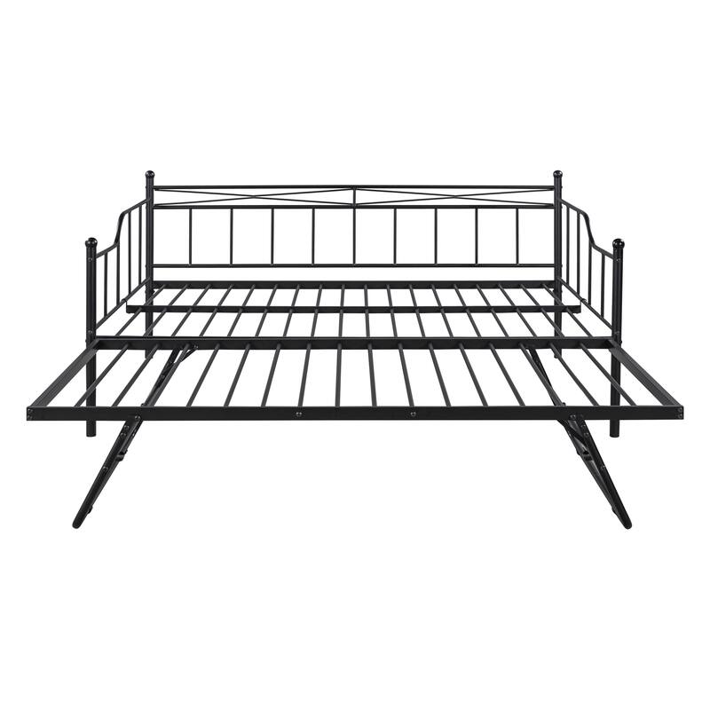 Full Size Metal Daybed with Twin Adjustable Trundle, Portable Folding