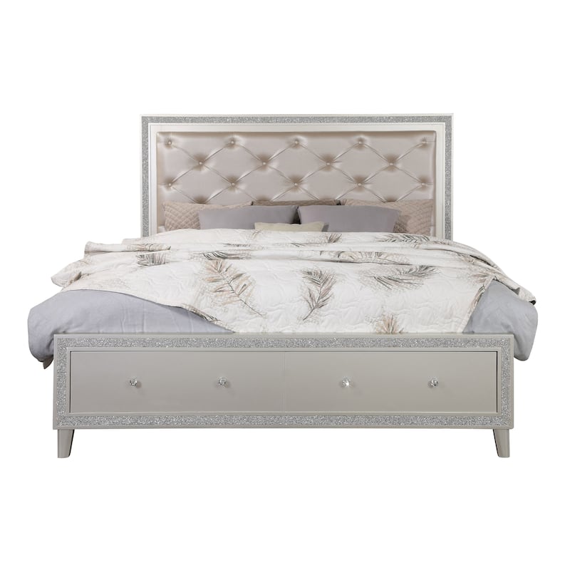 Glendena Beige and Champagne Tufted Bed with 2-Drawer