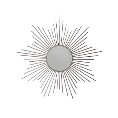 32" Silver Sunburst Metal Framed Round Center Wall Mirror