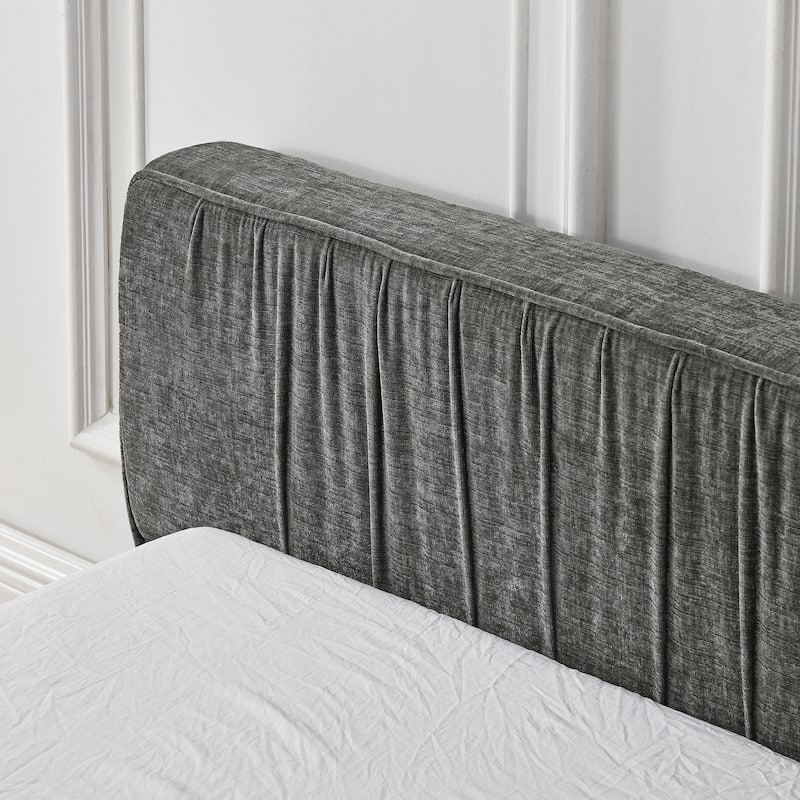 Queen Size Chenille Upholstered Bed Frame w/ Headboard and Wood Frame