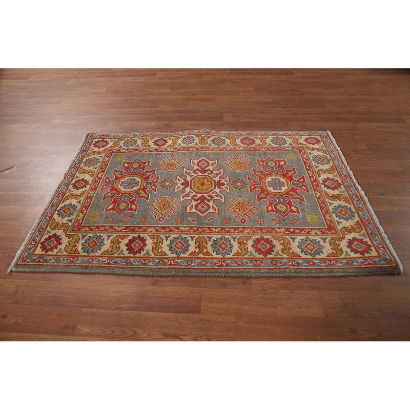 Gray Kazak Foyer Rug Handmade Geometric Wool Carpet - 2'9"x 4'1"