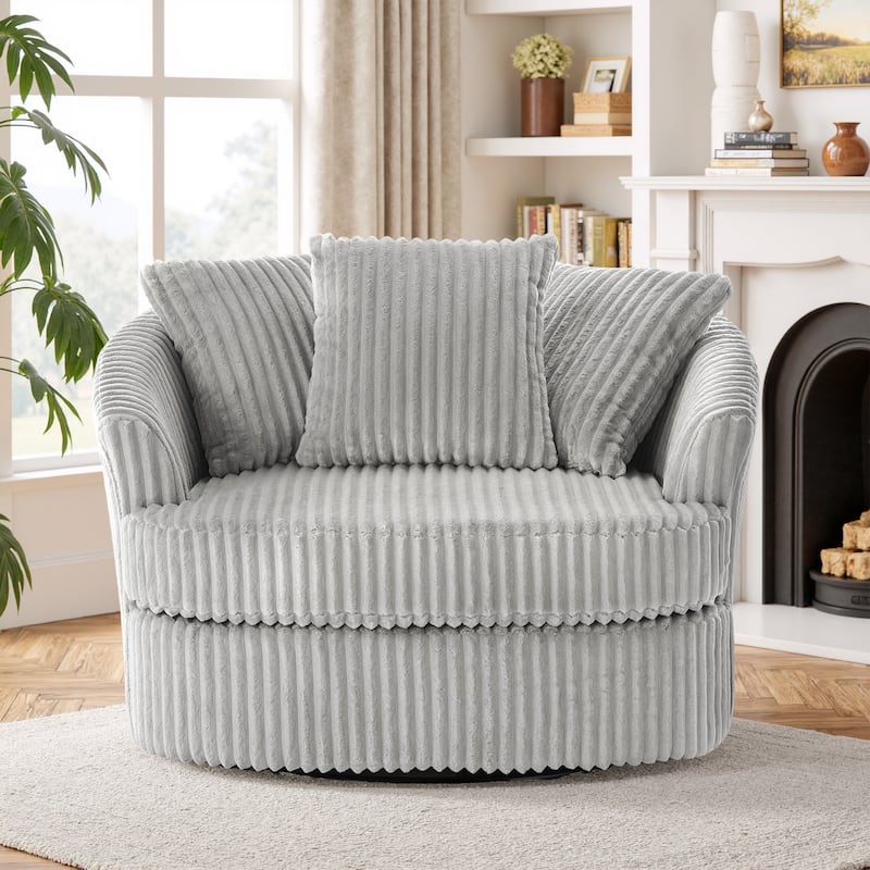 Oversized 43" W Plush Corduroy Recessed Arm Swivel Barrel Chair