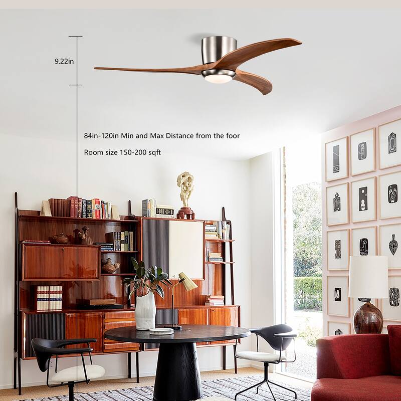 52" Flush Mount Fan Light, 3 PCS Solid Wood Blades Ceiling Fan with Lights Remote Control, Quiet DC Motor, 6 Speed