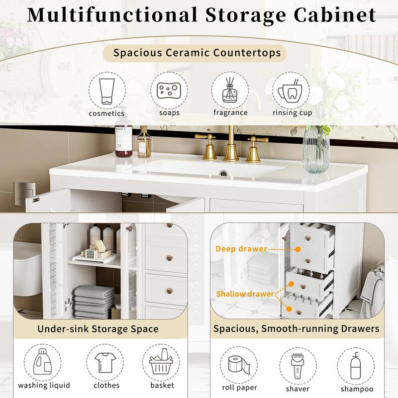 GDFStudio - Terra Wood & Ceramic 36" Bathroom Vanity with Sink, 2 Soft-Close Doors, Shelves & 3 Drawers