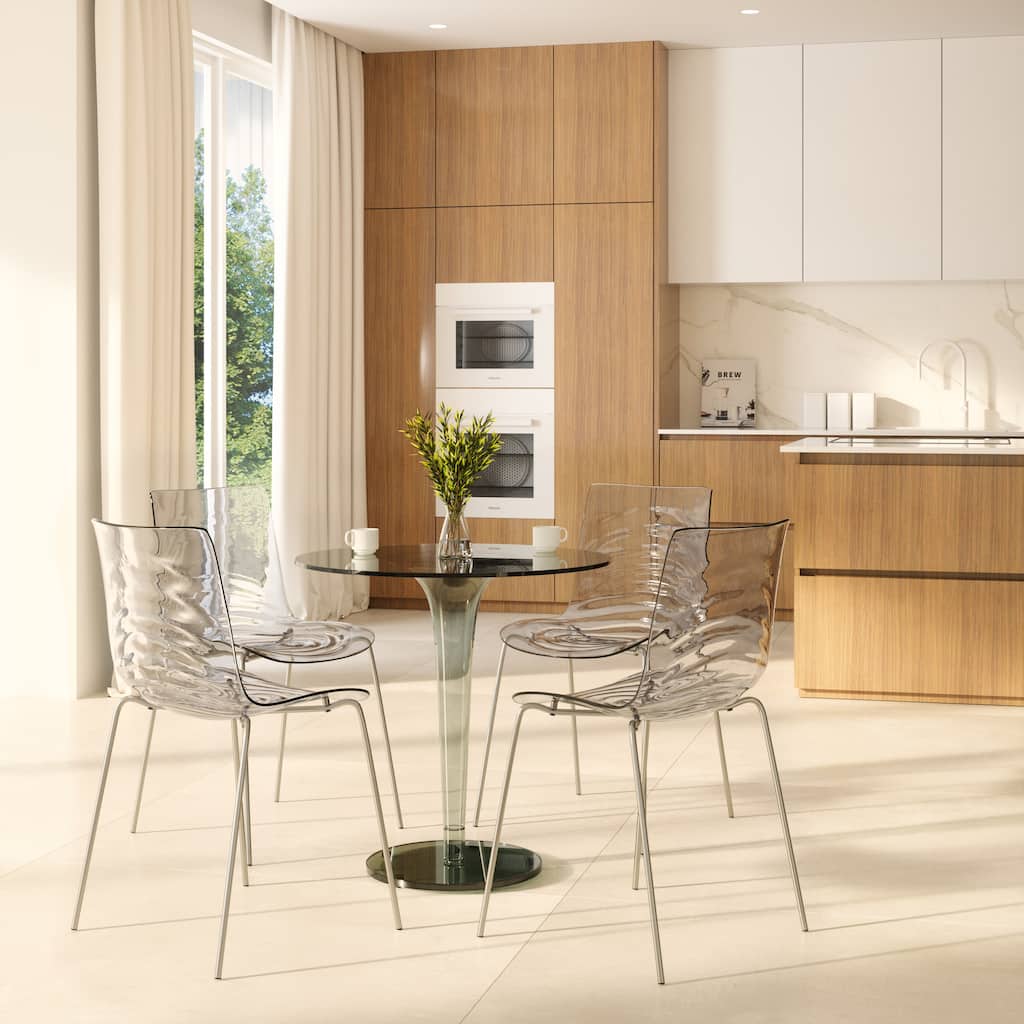 Astor Clear Acrylic Dining Chair Set of 4 - Water Ripple Wave Side Seat - Modern Transparent Chrome Legs Kitchen Accent Chairs