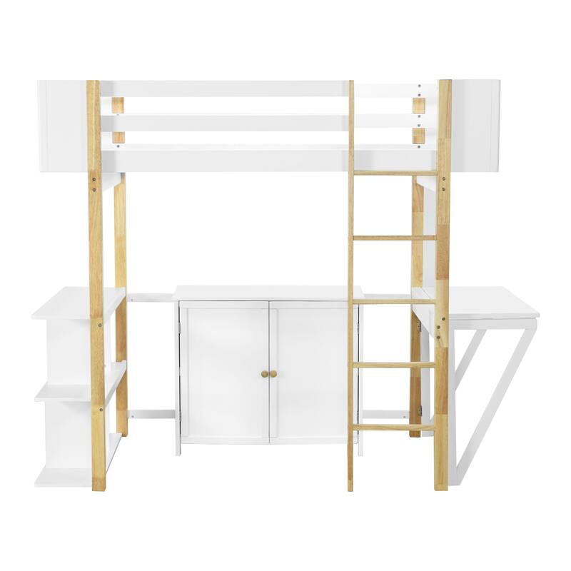Space-Saving Twin Size Wooden Loft Platform Bed Frame with Storage Cabinet and Foldable Desk, Modern and Stylish for Bedroom