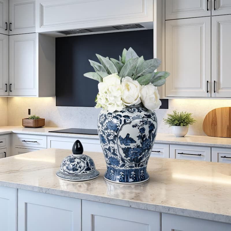 Ceramic Chinoiserie Floral Decorative Temple Jar - Blue 18"