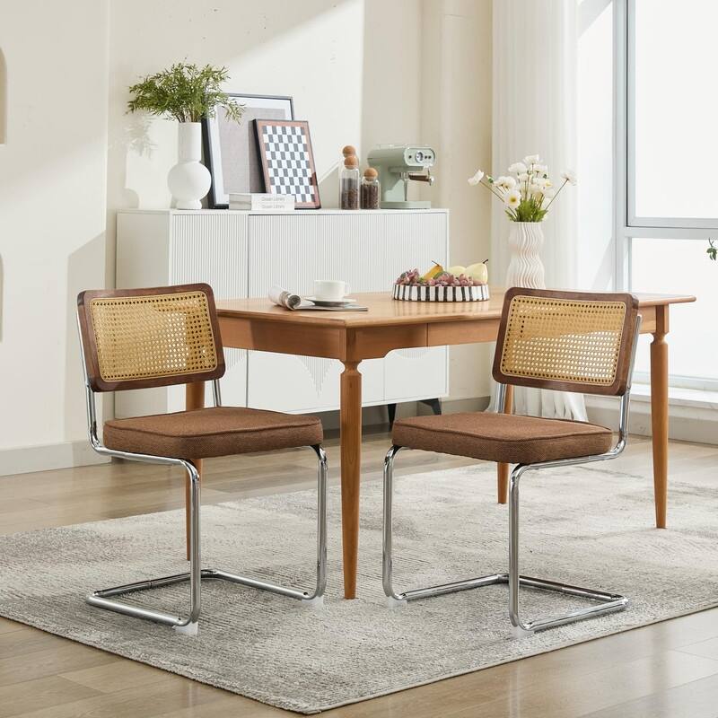Mid Century Modern Dining Chairs Set of 2, Natural Cane Back & Stainless Chrome Base, Upholstered Rattan Kitchen Chairs