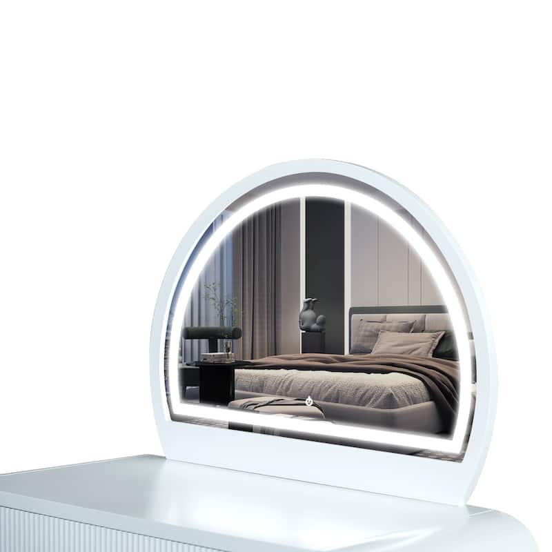 39" Makeup Vanity Table with LED Touch Screen Lighted Mirror, Curved Dressing Table Office Desk with Drawer