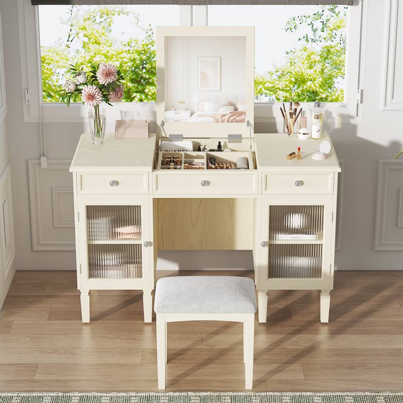 2-in-1 Makeup Vanity Writing Desk with Hidden Fold-Down Mirror & Cabinet, Computer Workstation Dressing Table Set with Stool