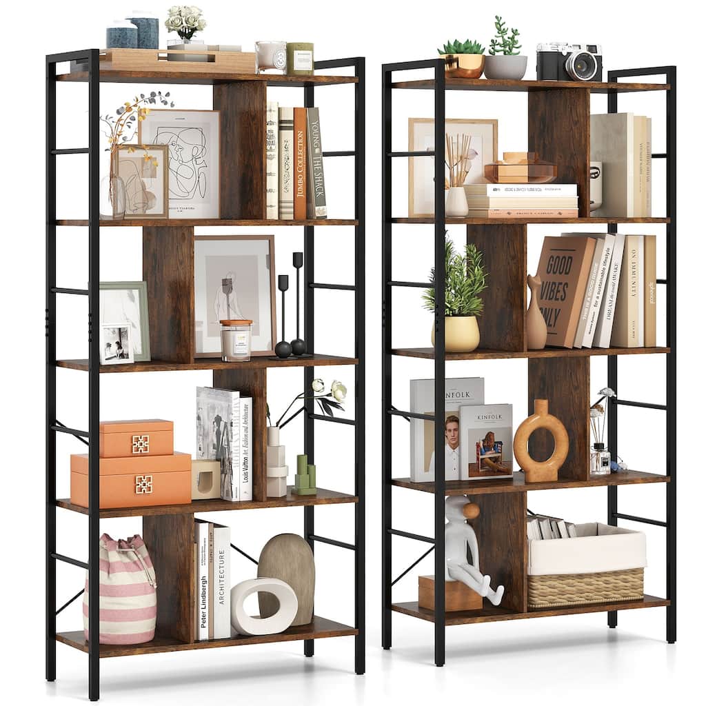 Gymax 2PCS 61'' 5-Tier Bookshelf w/Metal Frame 2 Anti-Tipping Devices