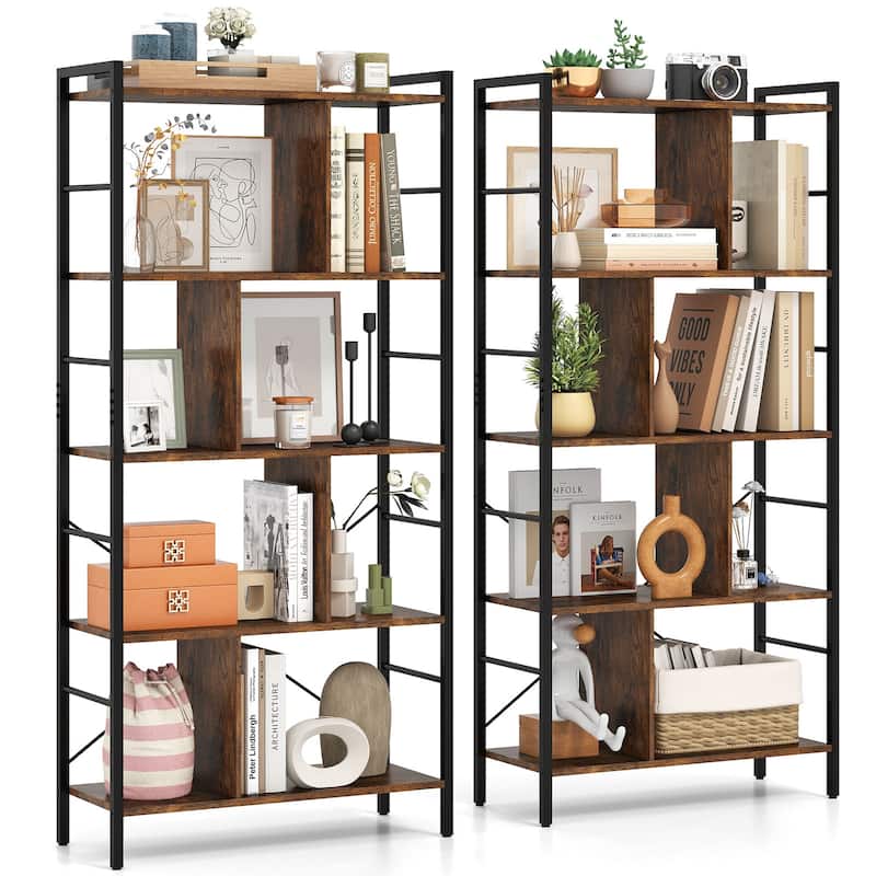 Gymax 2PCS 61'' 5-Tier Bookshelf w/Metal Frame 2 Anti-Tipping Devices - Black