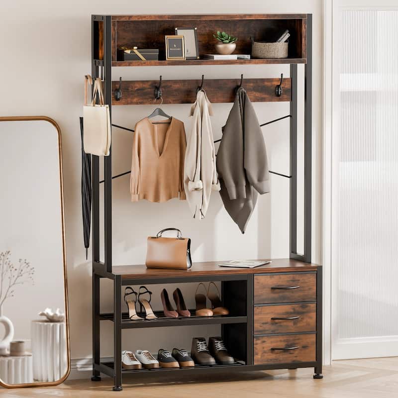 5-in-1Hall Tree Entryway Shoe Rack with 7 Hooks& 3 Drawers