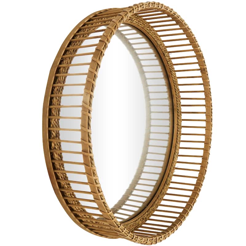 Bamboo Wood Handmade Woven Wall Mirror - Light Brown - Roche River Decor - 5"W x 21"L x 21"H