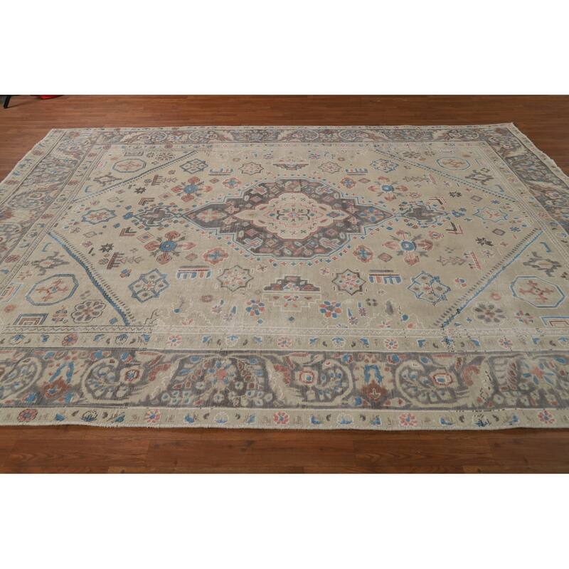 Geometric Tabriz Persian Rug Handmade Beige Wool Carpet - 8'2"x 10'9"