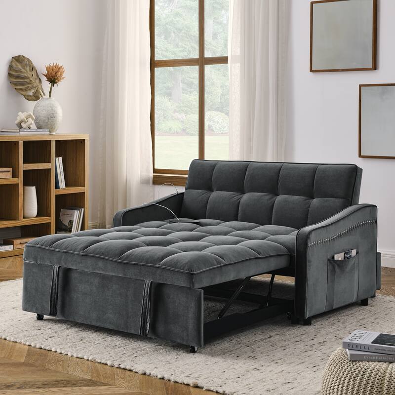Convertible Sleeper Sofa Bed, Couch Settee with Adjsutable Back and 2 Pocket, Loveseat Sofa Bed with Pull-Out Bed - Grey