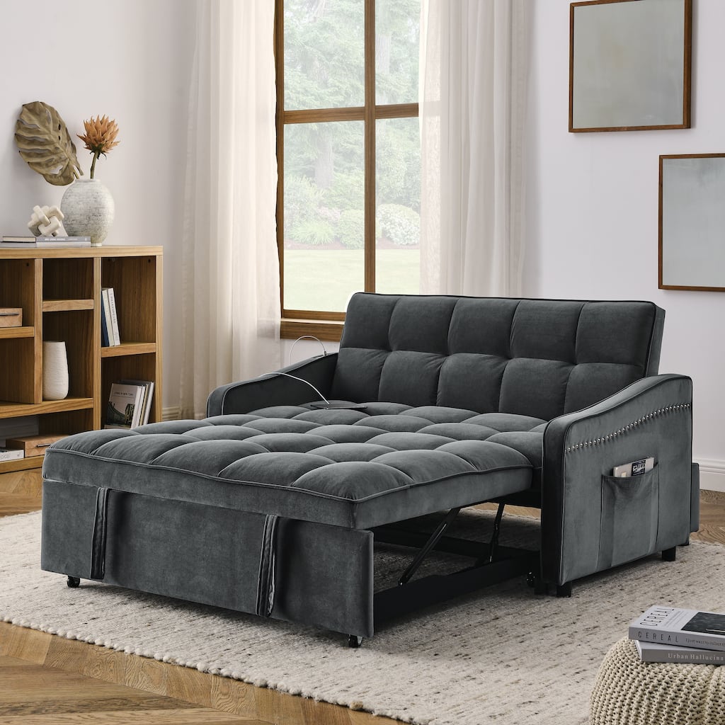 Velvet Loveseat Couch Lounge Recliner Sofa with Pull-out Bed, USB/Type-C Ports, Side Storage Pocket and Adjustable Back