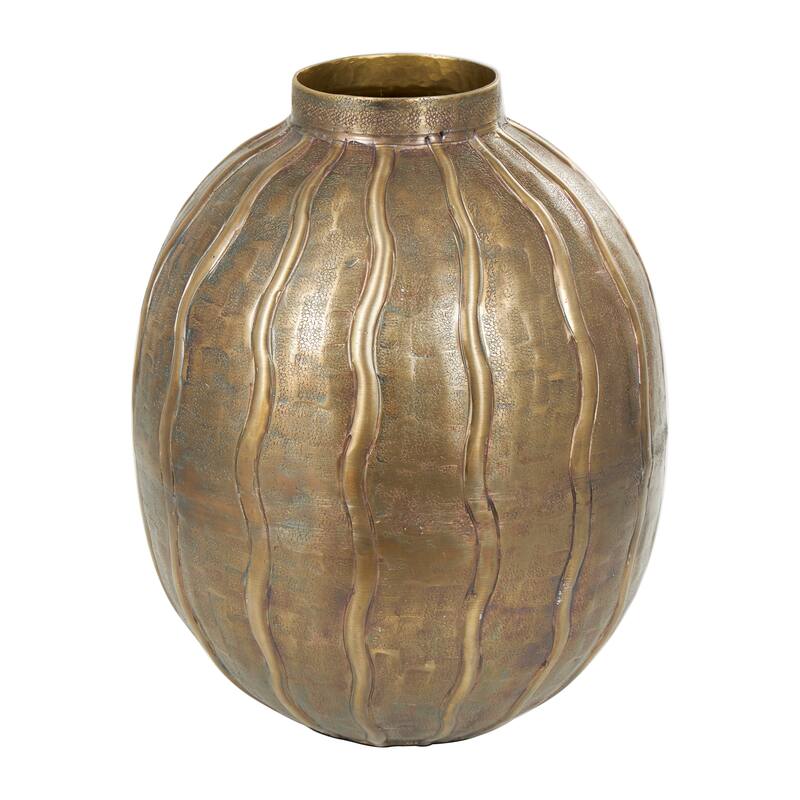 Brass Metal Snakeskin Inspired Decorative Vase with Dimensional Wavy Accents