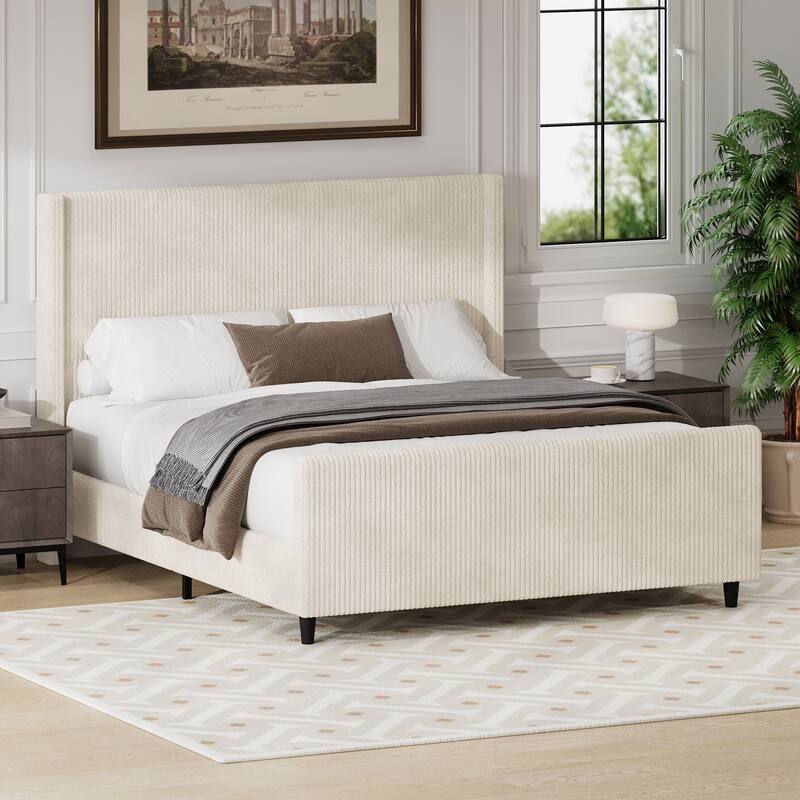 50.7" High Headboard Corduroy Bed Frame with Vertical Stripe Wingback & High Footboard