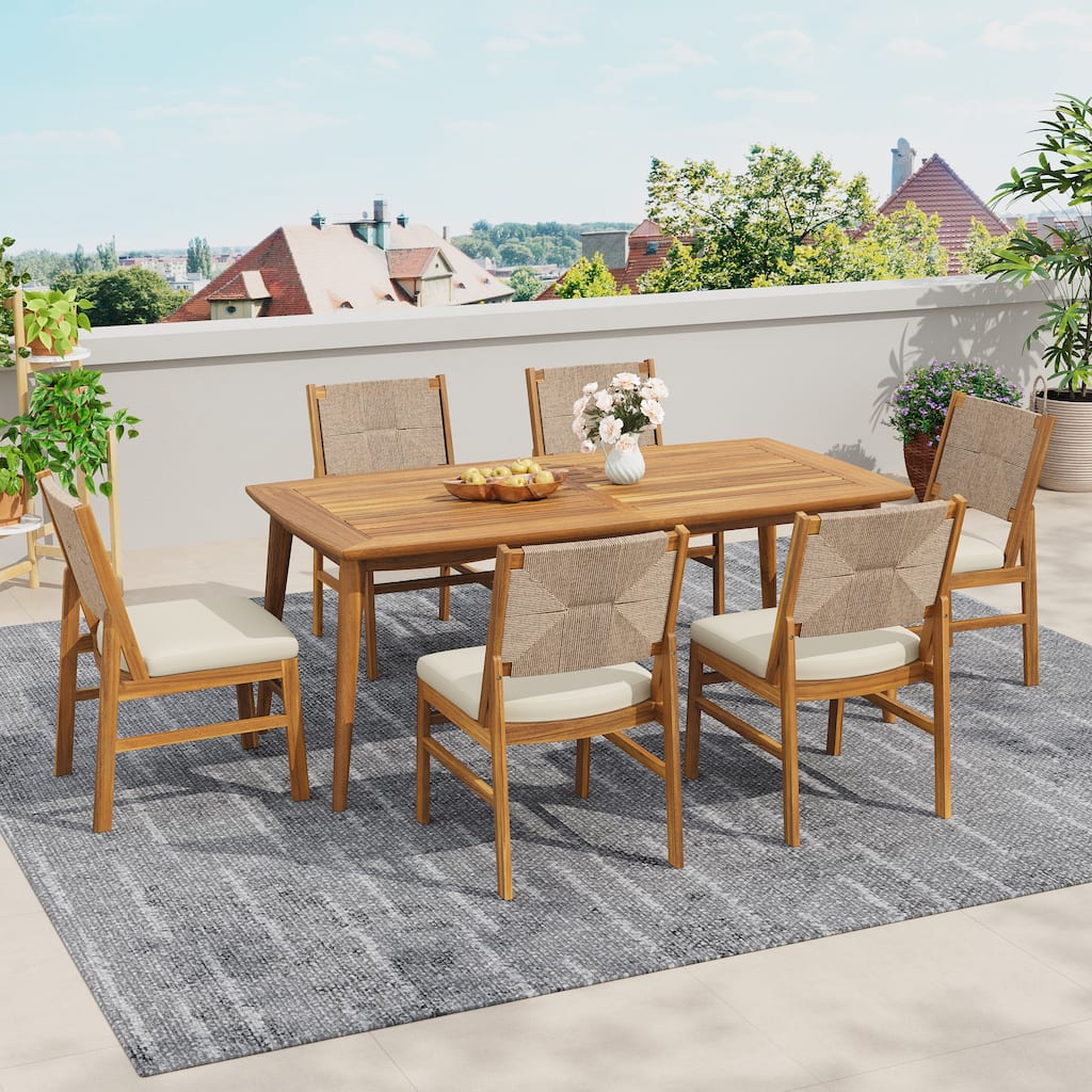 Christopher Knight Home - 7-Piece Outdoor Dining Set Acacia Wood with Teak Finish, Wicker Woven Chairs and Cushions Included